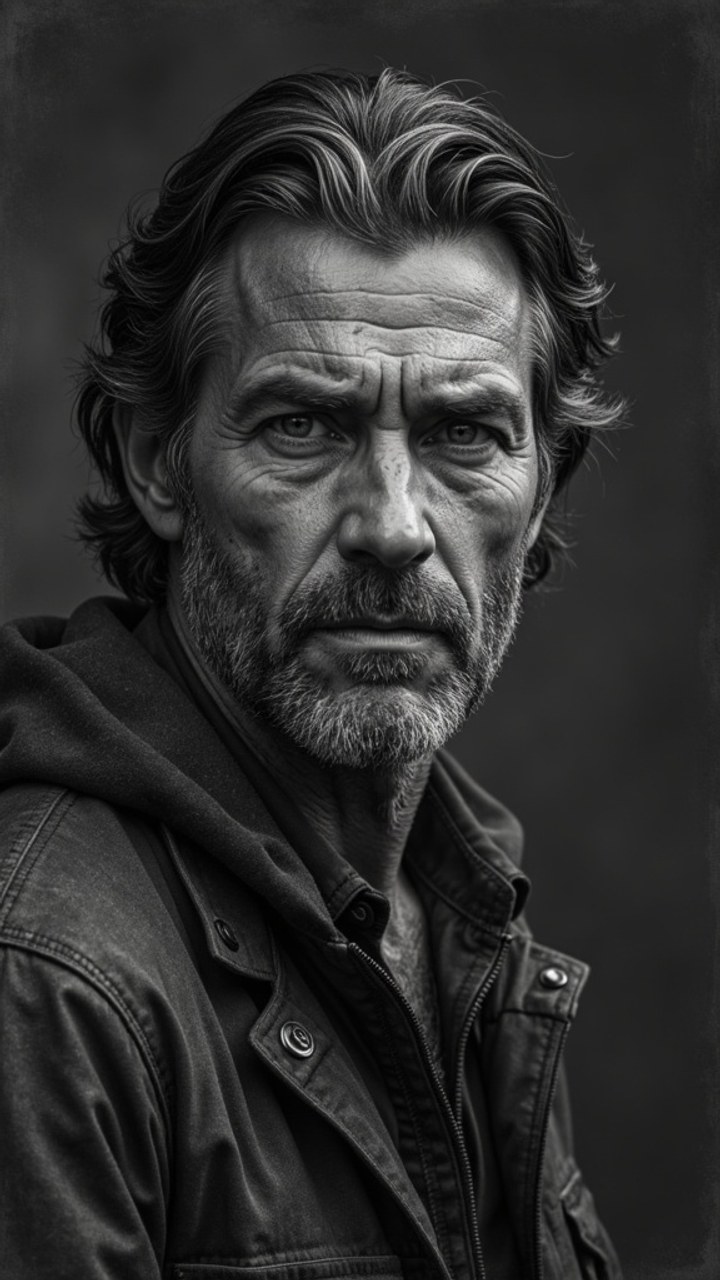 The same character rendered in Charcoal Noir style — generated in StoryboardAI